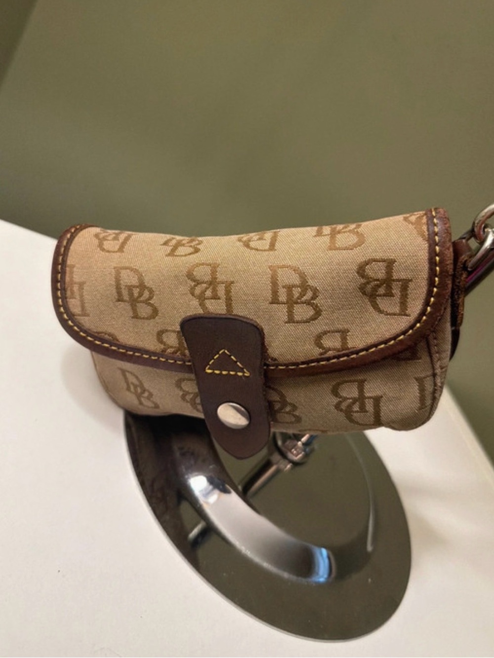 Dooney & Bourke Tan Brown Signature Monogram Mini Wristlet Leather Strap & Trim